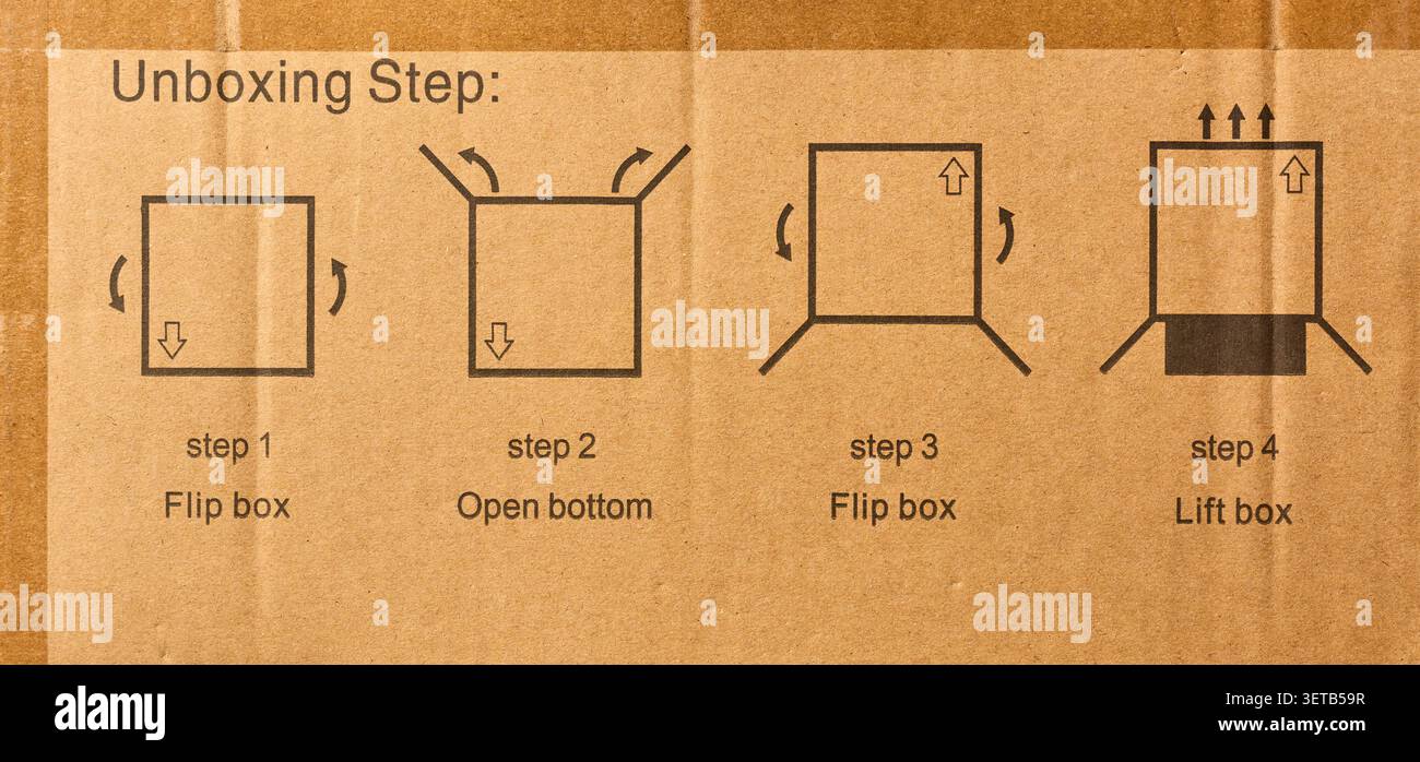 printed unboxing instruction steps diagram on brown corrugated ...