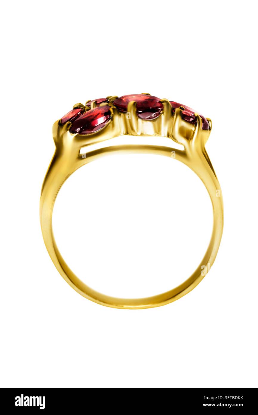 Elegant golden ruby ring isolated on white background Stock Photo