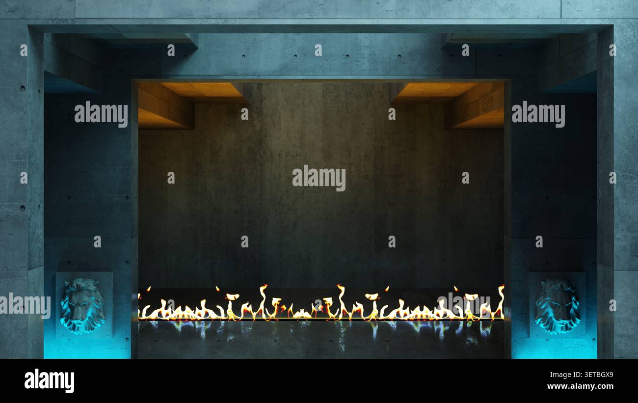 Futuristic hall concrete and fire Stock Photo
