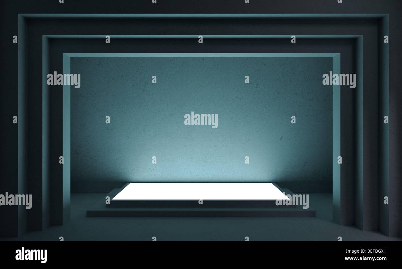 Glowing Podium in a Bunker Concept Architecture Stock Photo