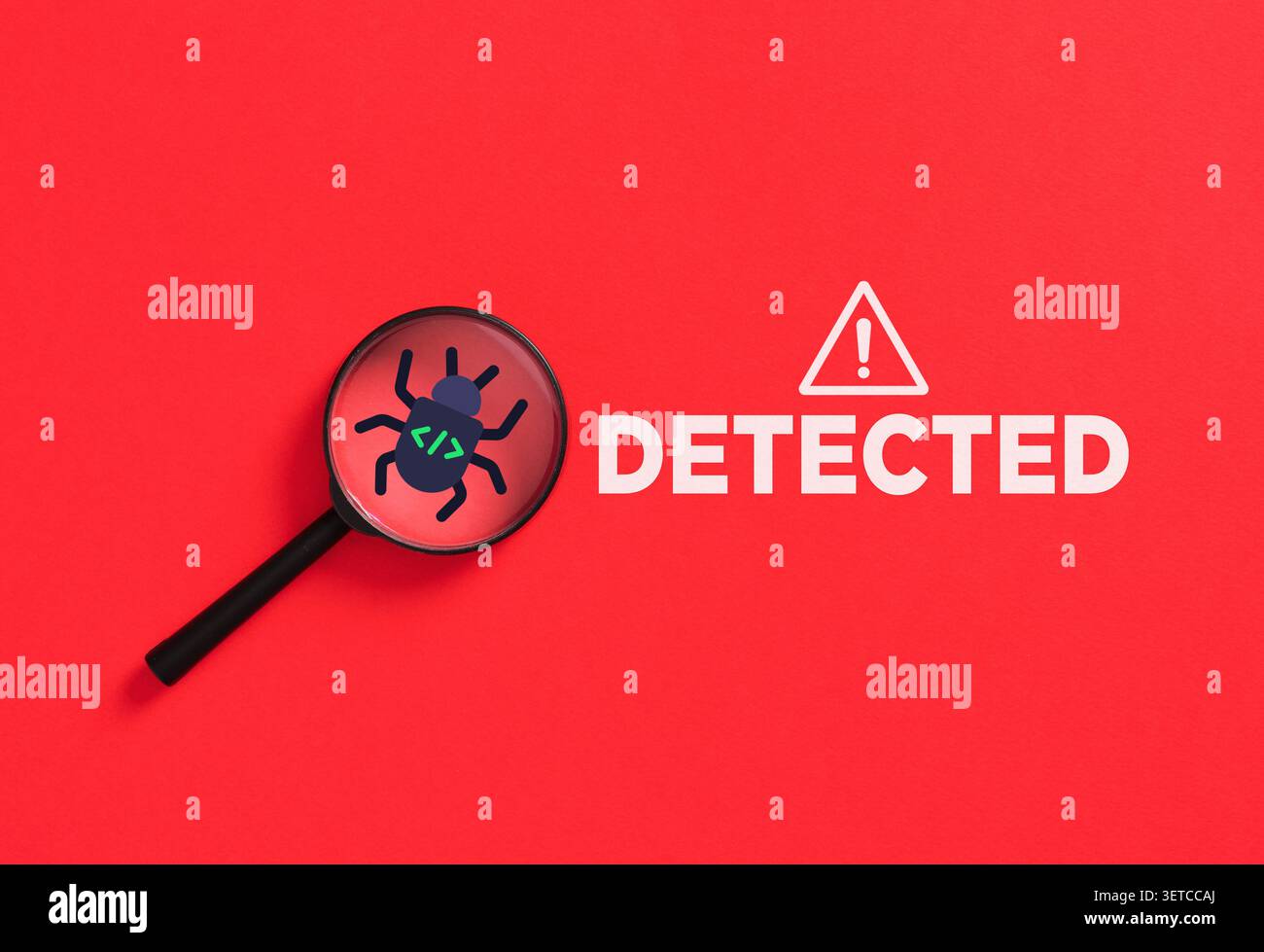 Magnifying glass highlighting a program software bug icon with code syntax on a red background with a detected warning message Stock Photo