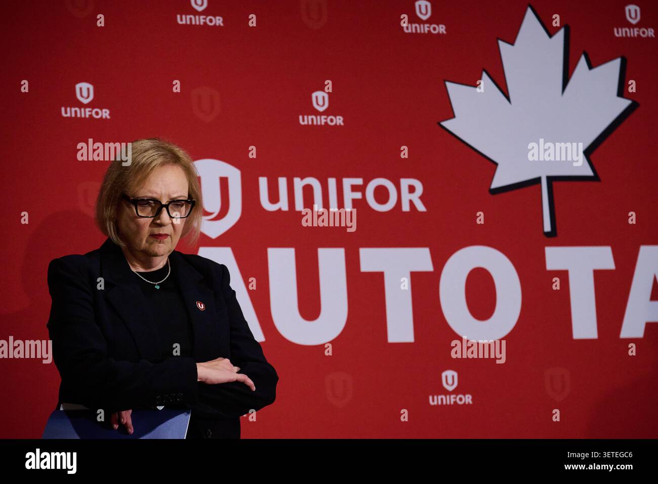 Unifor National President Lana Payne Looks On Before Speaking To Media unifor-national-president-lana-payne-looks-on-before-speaking-to-media