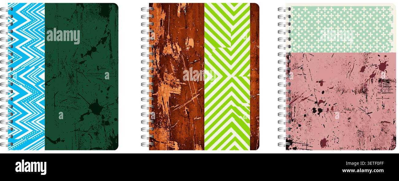 A triptych of notebooks displays varied covers with distressed textures, zigzag and striped patterns, and weathered surfaces in teal, blue, green, bro Stock Vector