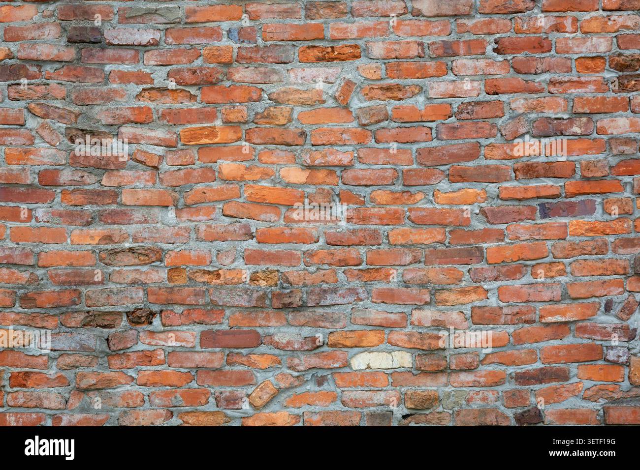 Red Brick Wall Texture Background with Uneven Bricks, Grunge Urban Masonry Pattern Stock Photo