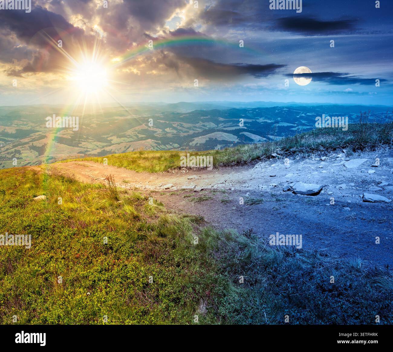 hiking path in carpathian mountains. day meet night. sun and moon over alpine nature of transcarpathia in summer. ukraine mountain landscape for trave Stock Photo