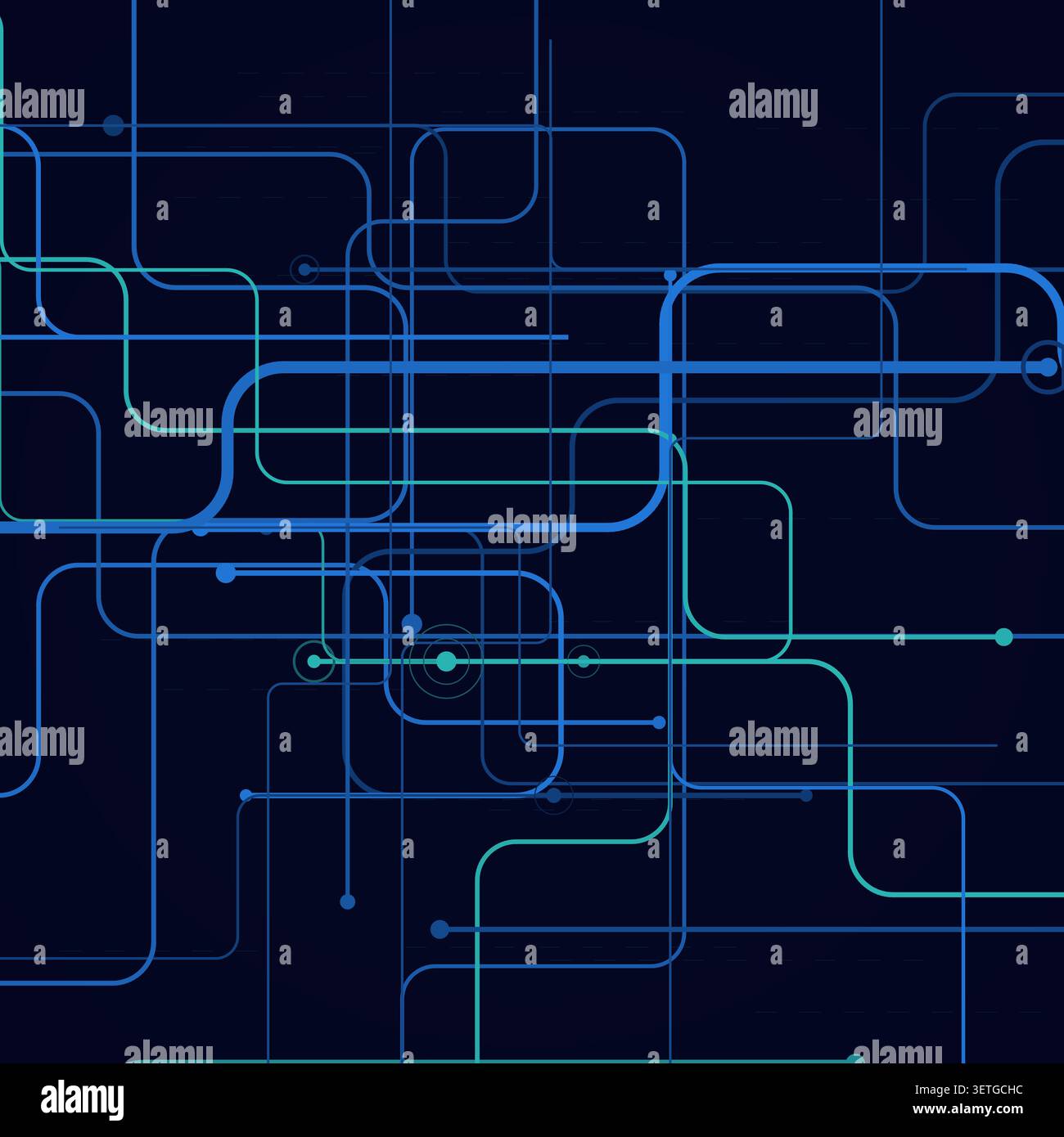 Connected line-and-dot network pattern inspired by circuit board traces and modern data systems Stock Vector