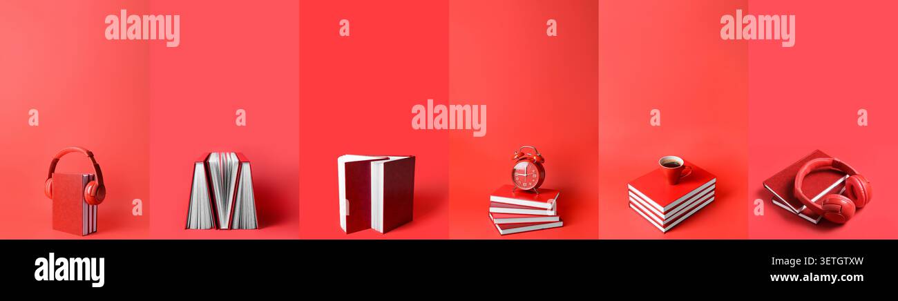 Creative red-themed book and accessory compositions on red background Stock Photo
