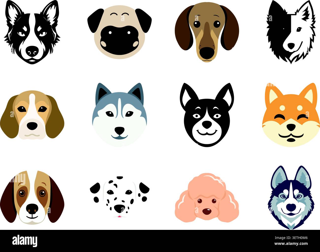 A colorful flat illustration set featuring various dog breed faces. Stock Vector