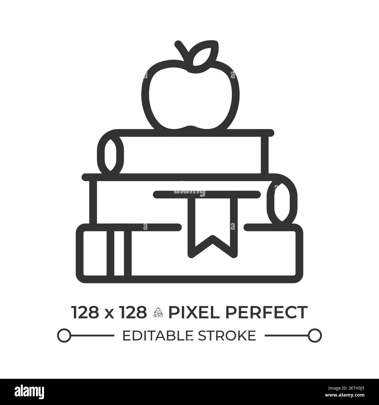 Apple on book stack pixel perfect line icon Stock Vector
