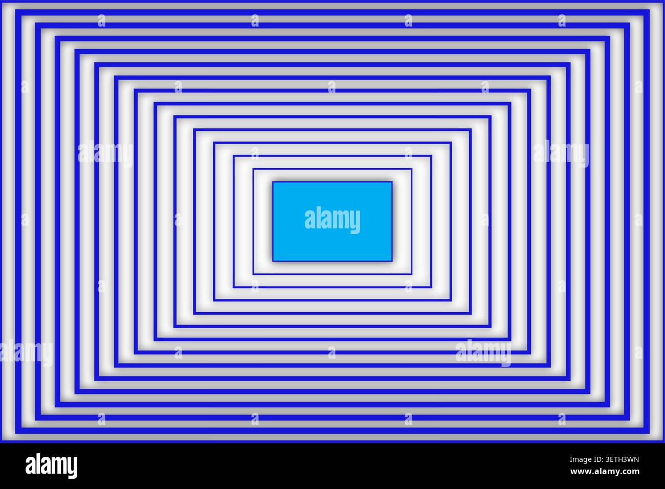Optical illusion effect created by nested blue rectangular shapes, perspective depth visualization, bright cyan focal point, geometric repetitive patt Stock Vector