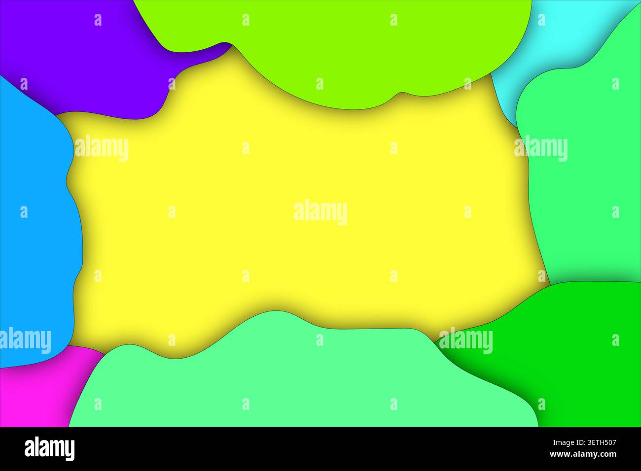 Dynamic layered background showing vivid blue green and purple wavy shapes surrounding central yellow field with elegant shadow transitions for modern Stock Vector