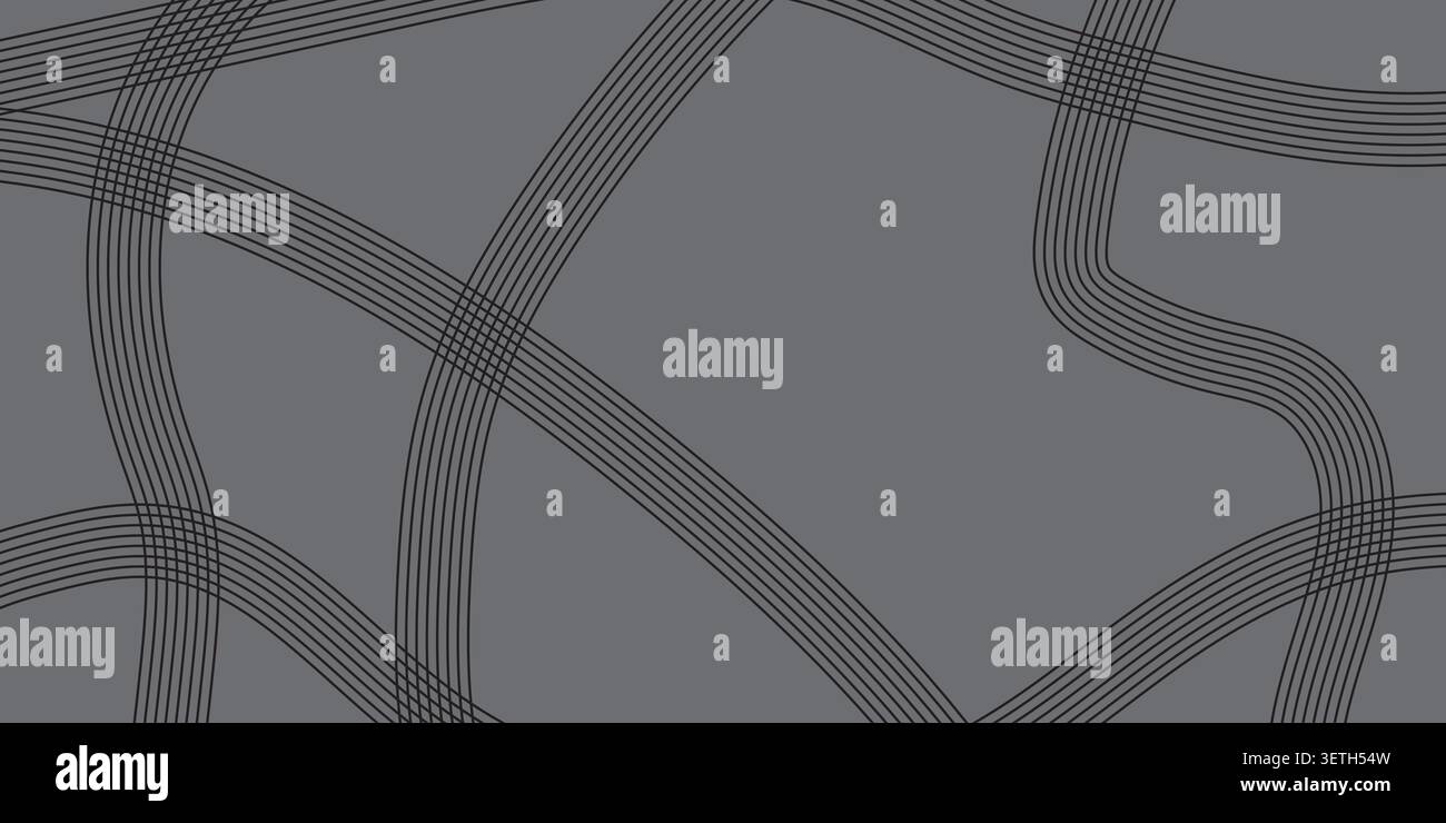 Gray background, black abstract lines, overlapping curves, dynamic pattern, textured background, modern graphic design, artistic flow Stock Vector