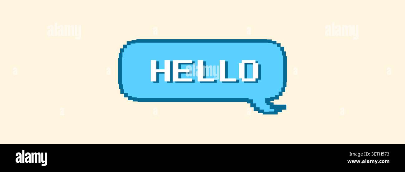 Pixelated frame hello in 8 bit retro style. Game dialog box or speech balloon. Geometric frame of text message or quote Stock Vector