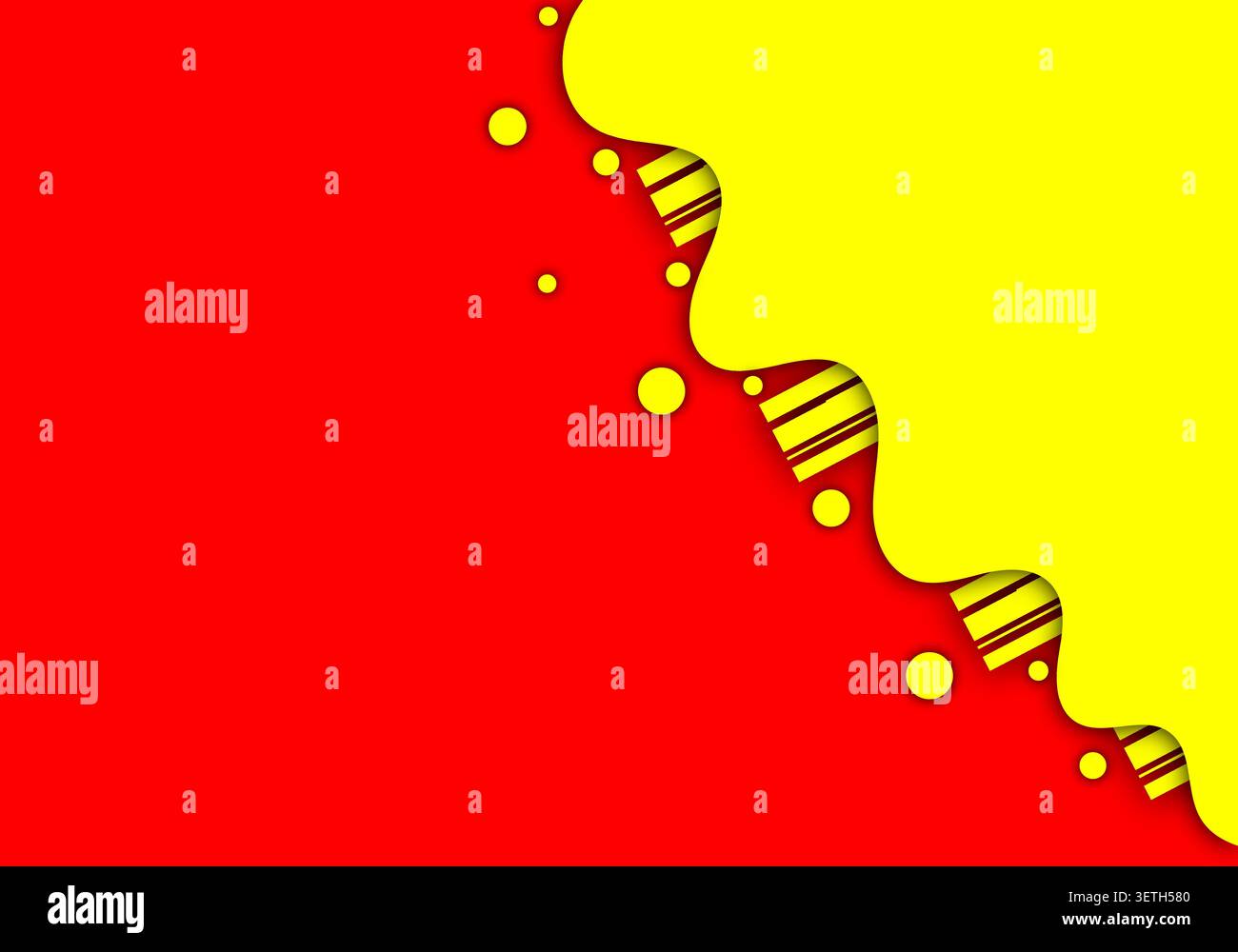 Dynamic layout featuring bright yellow liquid wave on solid red field. Decorative yellow circles and diagonal striped rectangles create energetic pop Stock Vector