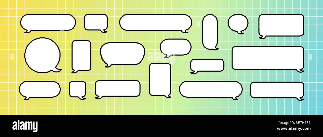 Different geometric bubble frames. Vector dialog box or game chat balloon. Cute pixel illustration for note message on grid background Stock Vector