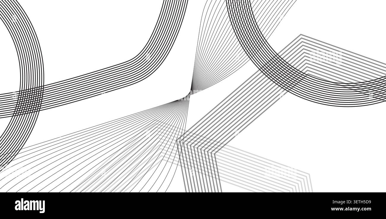 Monochrome abstract illustration featuring sharp angular intersections and smooth circular paths. High contrast linear patterns create a technical and Stock Vector