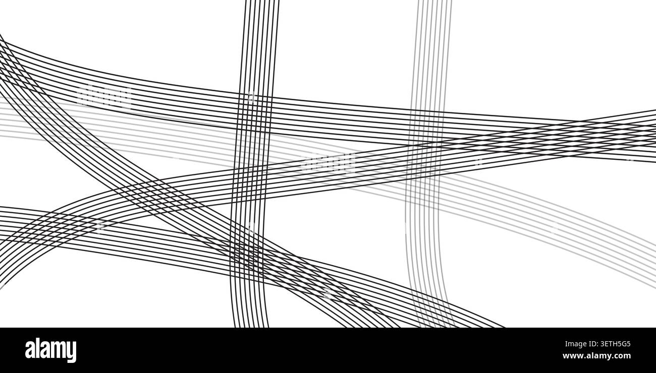 Minimalist graphic composition featuring dynamic linear patterns across empty space. Elegant overlapping ribbons of thin parallel lines create depth a Stock Vector