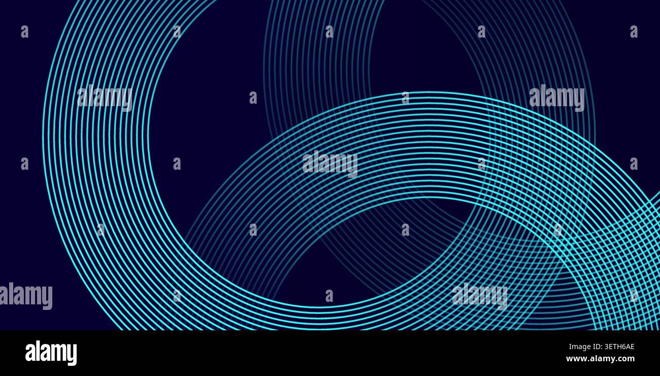 Abstract composition features vibrant blue and teal parallel lines. these lines form intertwined circular patterns, creating a dynamic visual. dark na Stock Vector