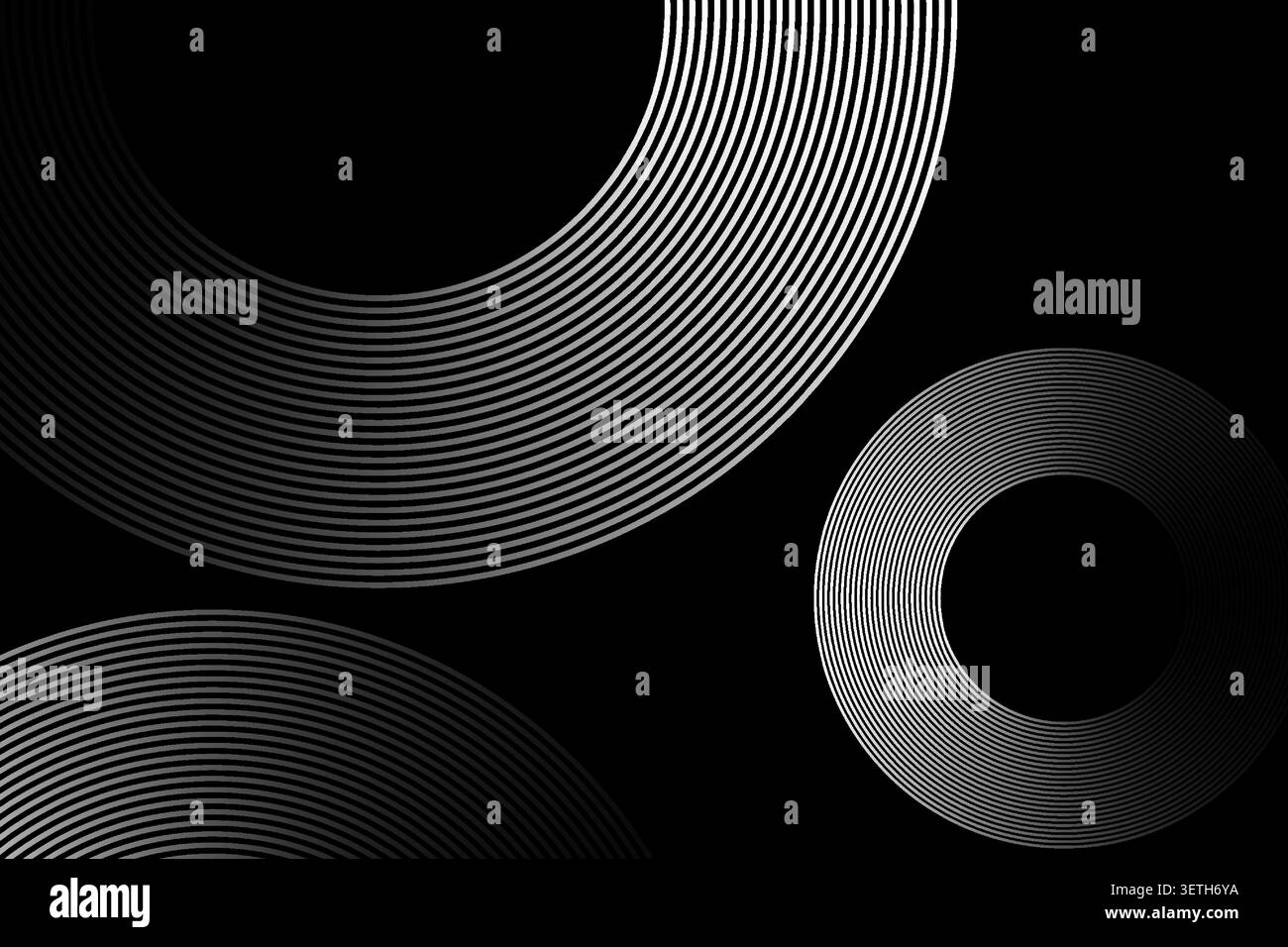 Monochromatic dark background with abstract white lines forming dynamic, layered circular patterns creates a sleek, modern visual with subtle depth. Stock Vector