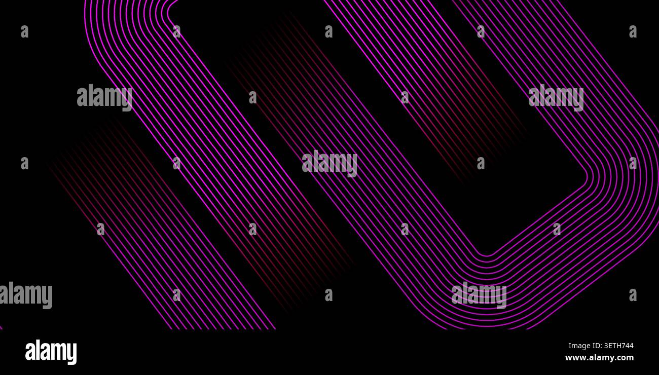 Abstract background features parallel purple gradient lines arranging into dynamic rectangular patterns on a dark backdrop, creating a modern and futu Stock Vector