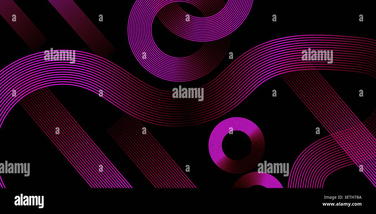 Modern abstract illustration with flowing magenta ribbon paths and circular shapes. High contrast digital art featuring multiple parallel glowing line Stock Vector