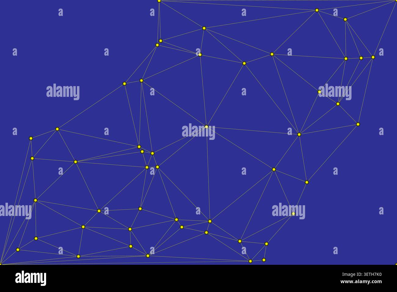 Golden points and thin lines creating intricate constellation like structure on deep navy surface. High contrast technological pattern suitable for da Stock Vector