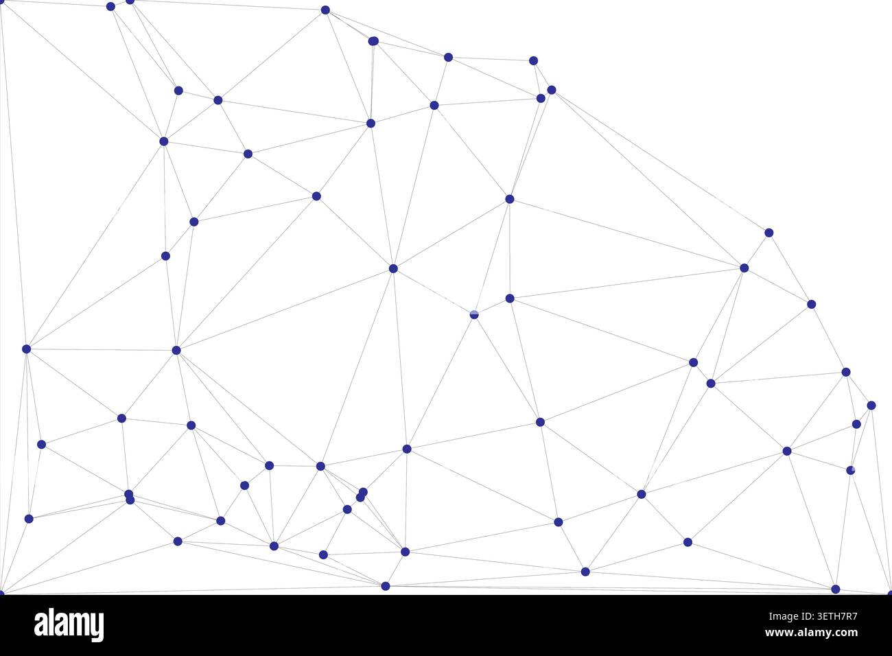Abstract low poly connection background features geometric wireframe with dark blue nodes. Triangular mesh pattern illustrates digital network or tech Stock Vector
