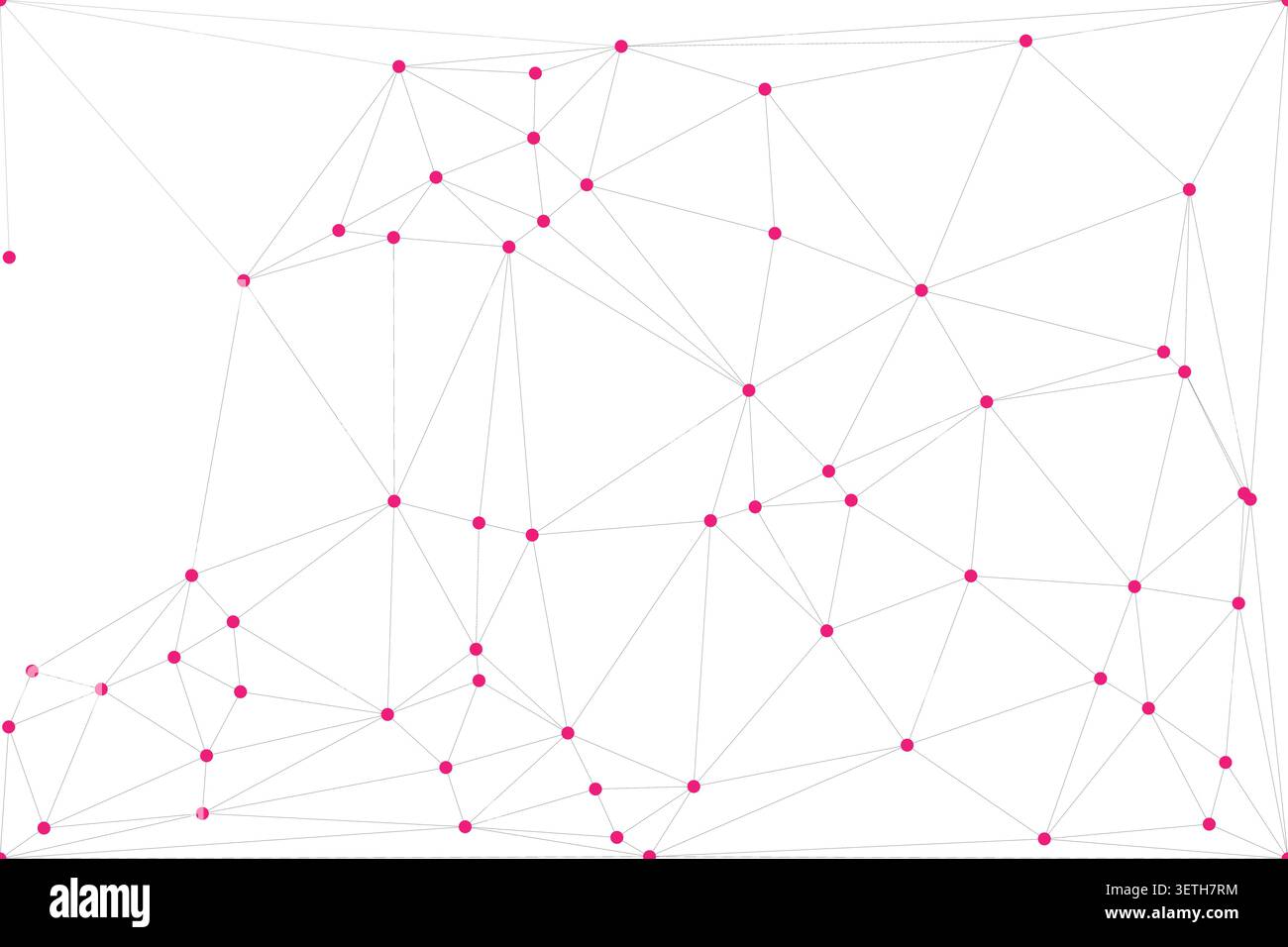 Abstract low poly connection background features geometric wireframe with bright pink nodes. Triangular mesh pattern illustrates digital network or te Stock Vector