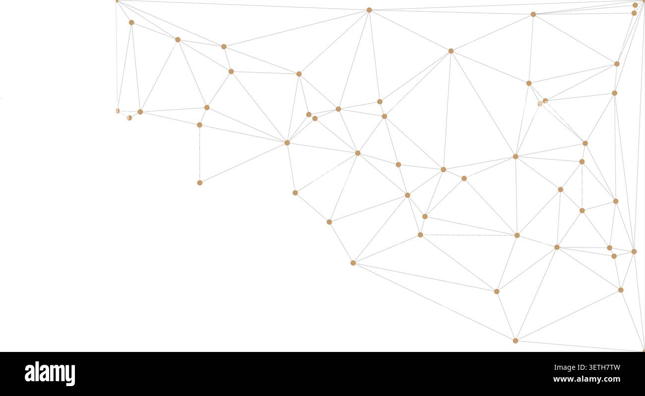 Abstract low poly connection background features geometric wireframe with golden nodes. Triangular mesh pattern illustrates digital network or technol Stock Vector