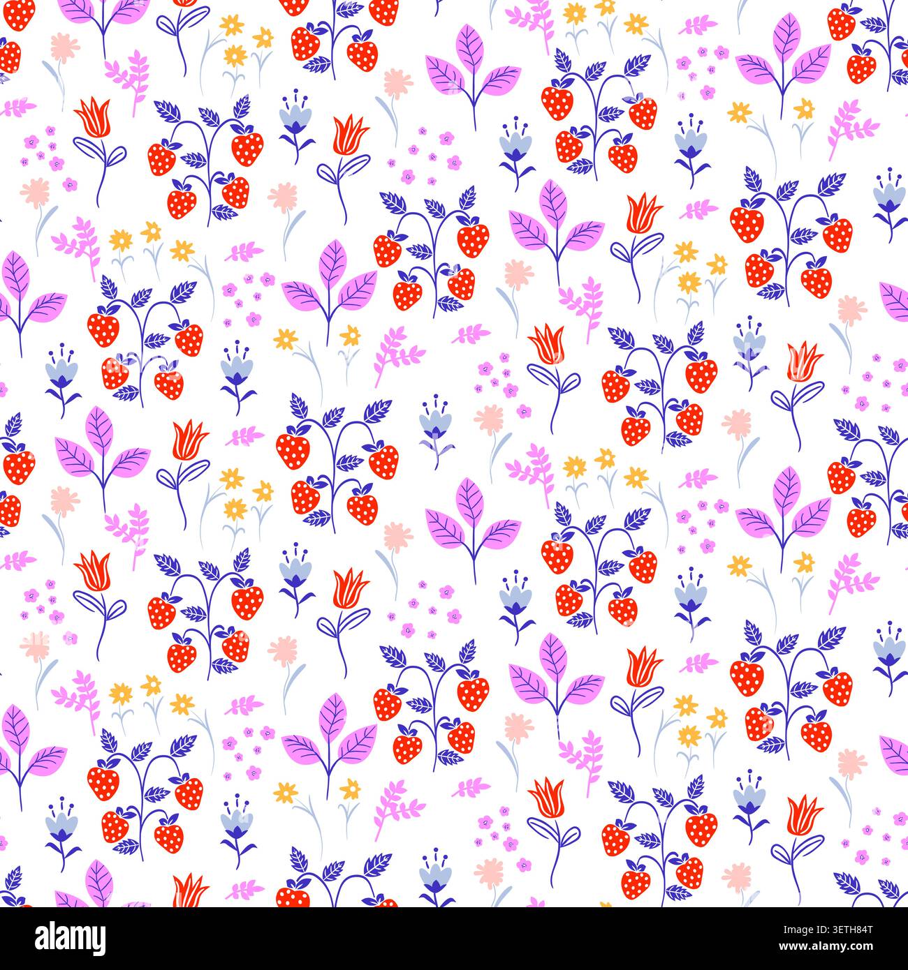 Strawberry and floral garden ditsy pattern background vector pattern Illustration Stock Vector