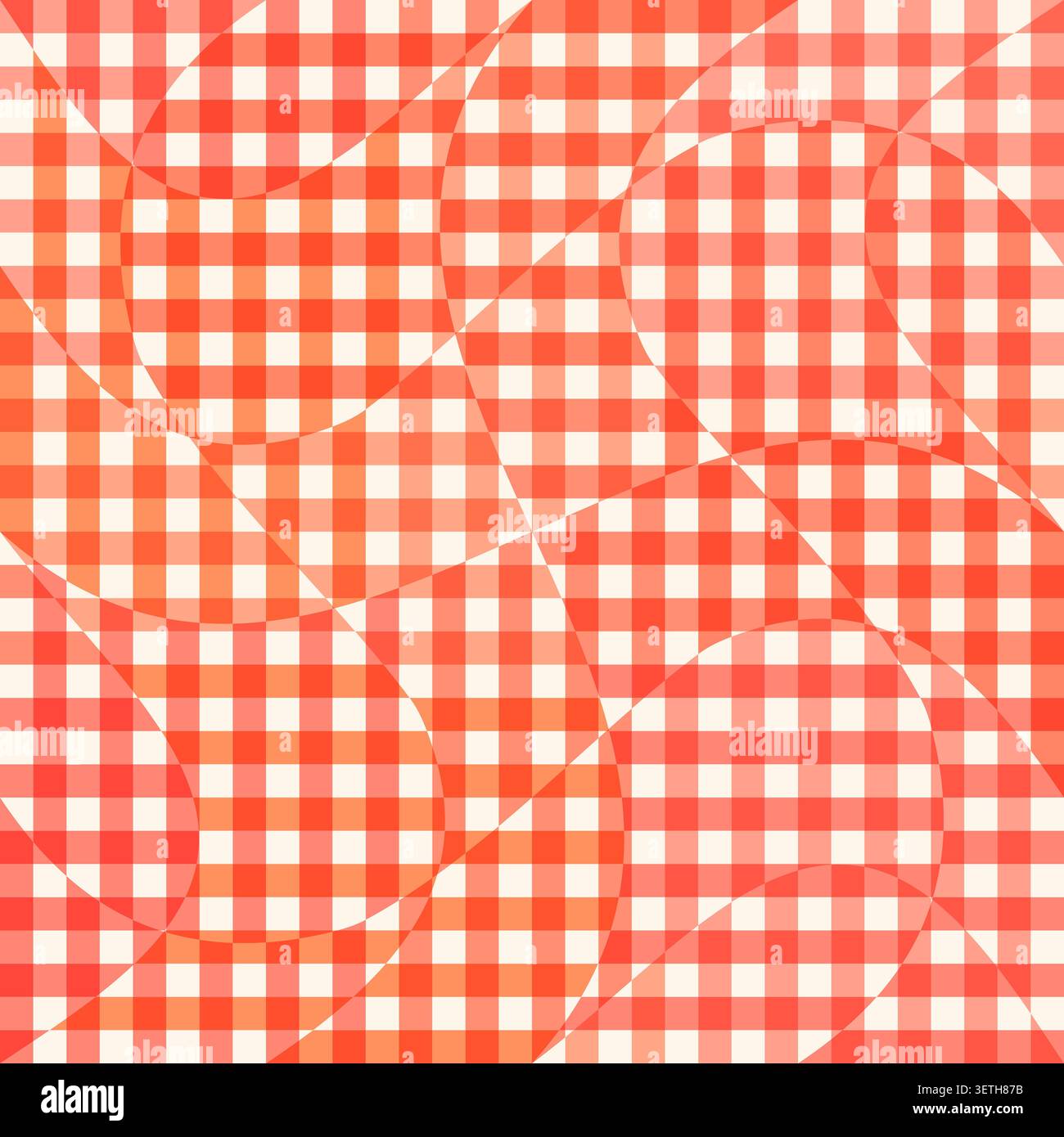 Red and white gingham seamless vector pattern with warped curved waves optical illusion effect, Fun check for summer picnic and bbq designs Stock Vector