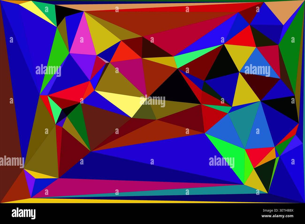 Modern abstract geometric artwork. Large and small triangles create a layered effect with colors like blue, brown, green, and red. Stock Vector