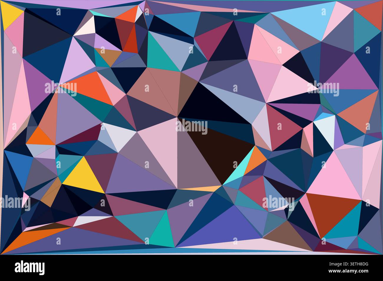 Geometric low poly background with abstract triangular shapes, diverse color palette including blue, purple, and orange, creating modern digital artwo Stock Vector