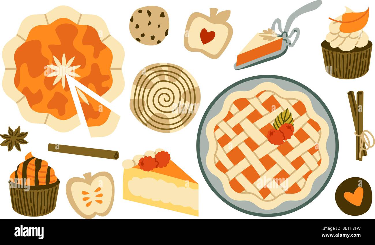 Autumn Baking Vector Set Flat Geometric Pumpkin Pie Cake Cupcake Collection Stock Vector