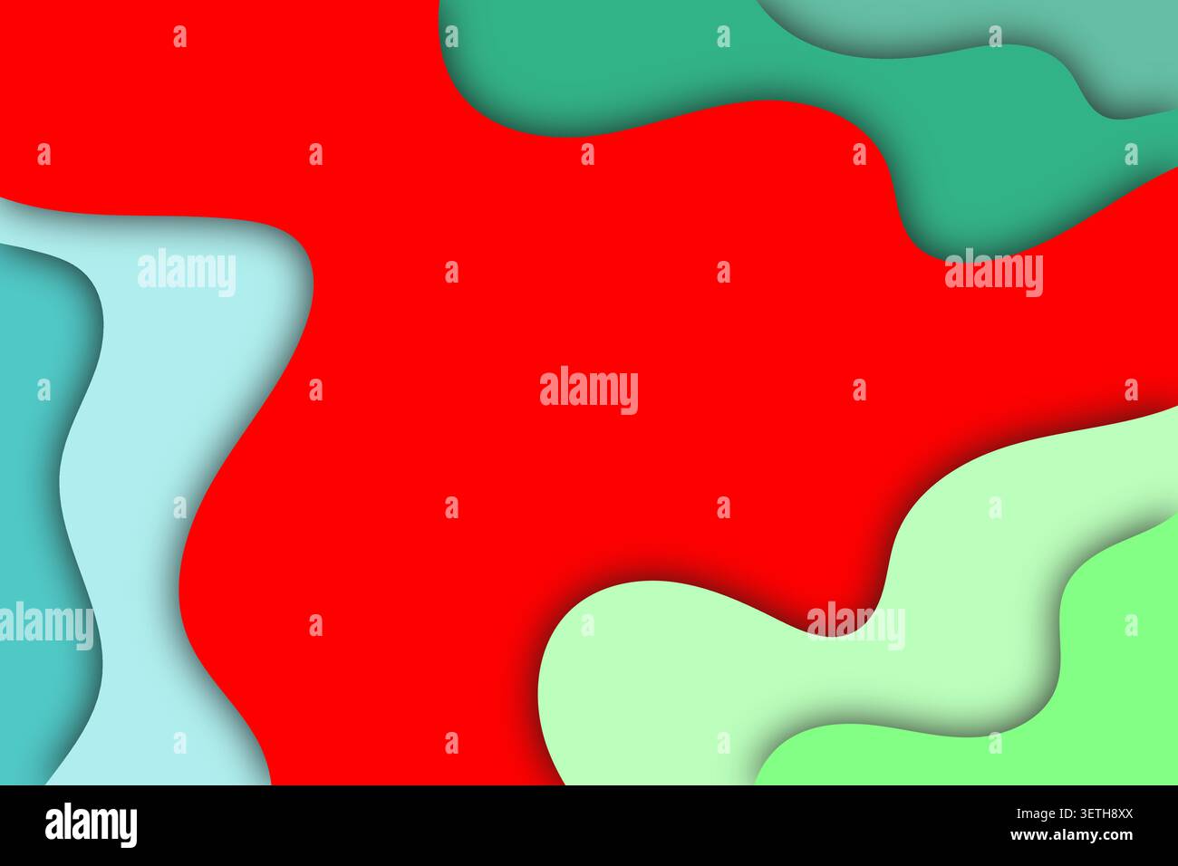 Colorful 3d paper cut style background featuring red teal and light green undulating shapes. Artistic vector illustration with shadows and organic cur Stock Vector