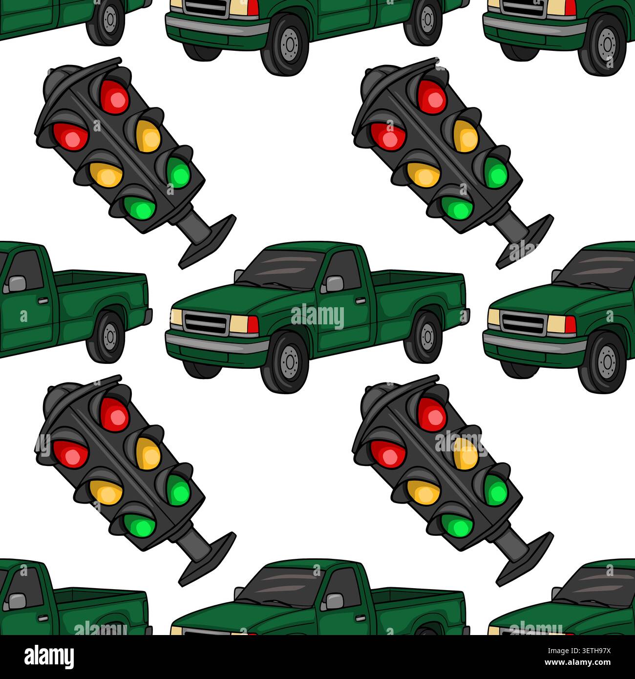 Green pickup truck and traffic light pattern vector illustration Stock Vector