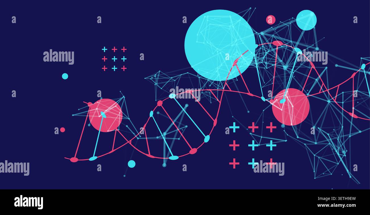 Abstract vector futuristic DNA helix structure with digital plexus network on dark background. Stock Vector