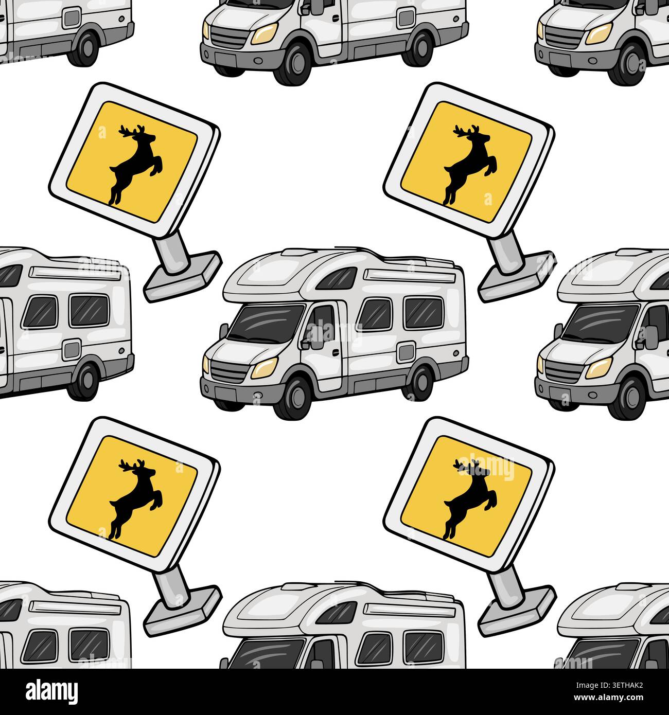 Seamless vector pattern of white camper vans and yellow deer crossing road signs Stock Vector