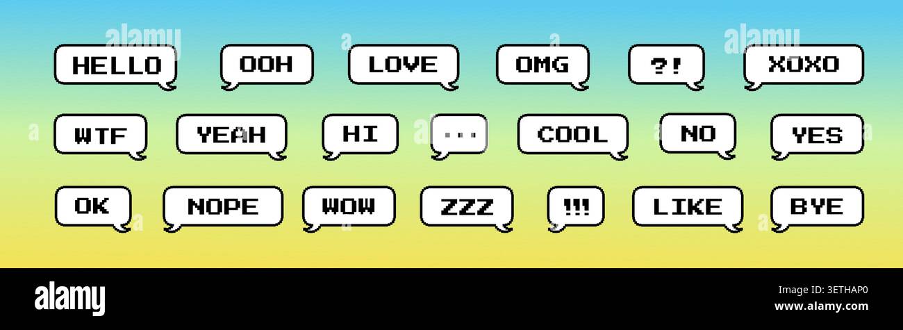 Retro game style text boxes. Pixel chat or speech balloon message. Different geometric set for dialog bubble or think cloud Stock Vector