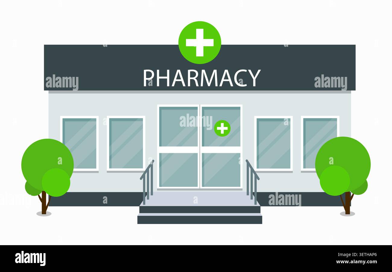 Pharmacy building front view with trees. Isolated on white background. Vector design. Stock Vector