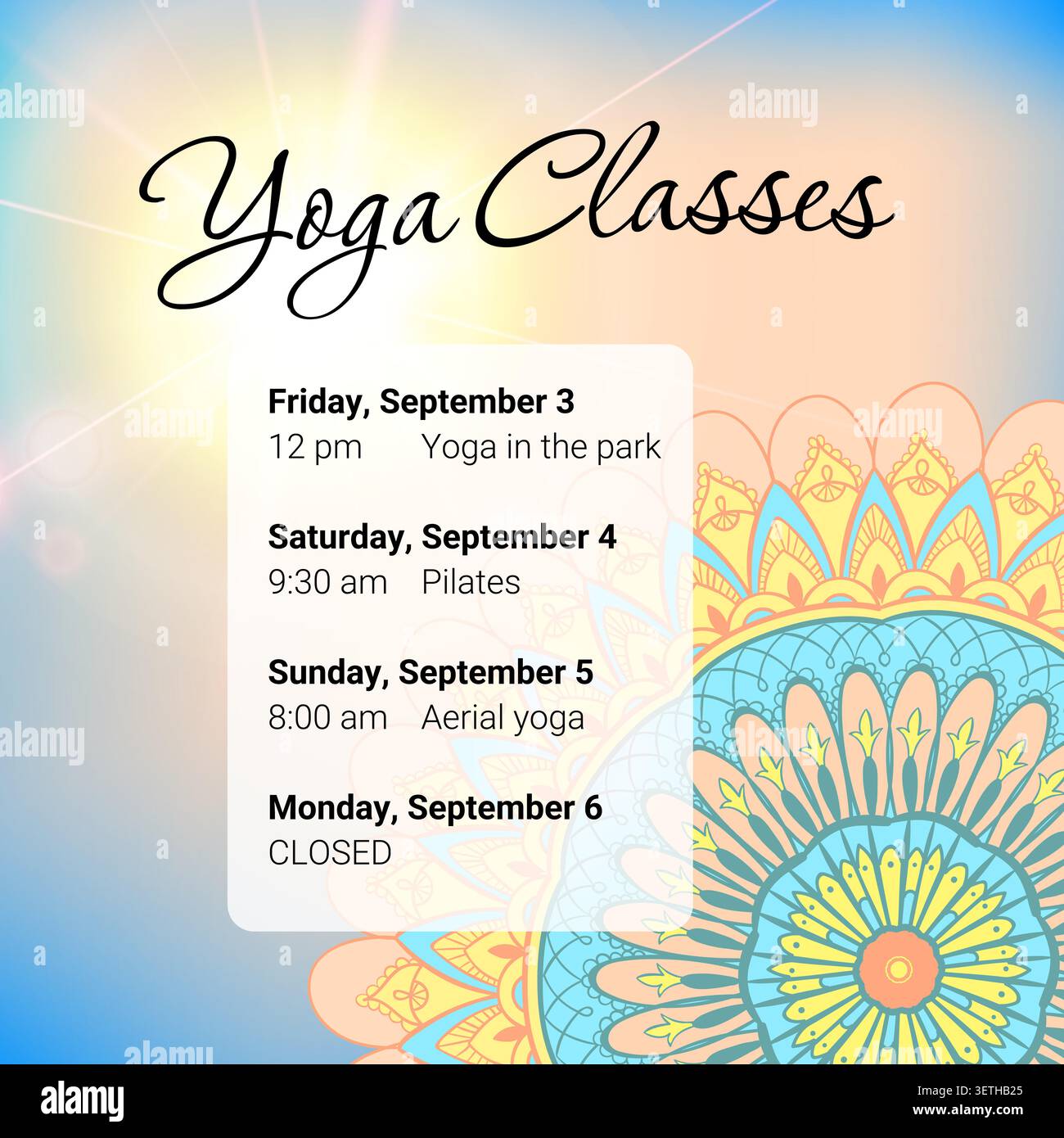 Yoga classes schedule with mandala background Stock Vector