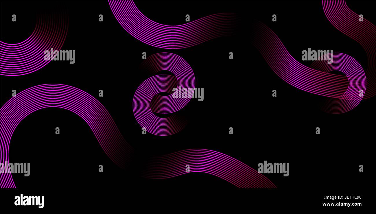 Creative abstract design with glowing magenta parallel lines forming linked circles and organic paths. Dynamic composition featuring motion blur effec Stock Vector