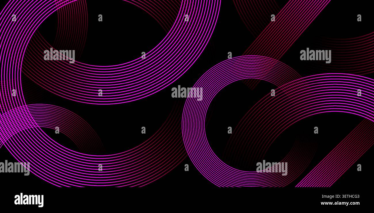 Intricate abstract design featuring intertwined purple circles and diagonal lines creating a complex visual on deep black background. Stock Vector
