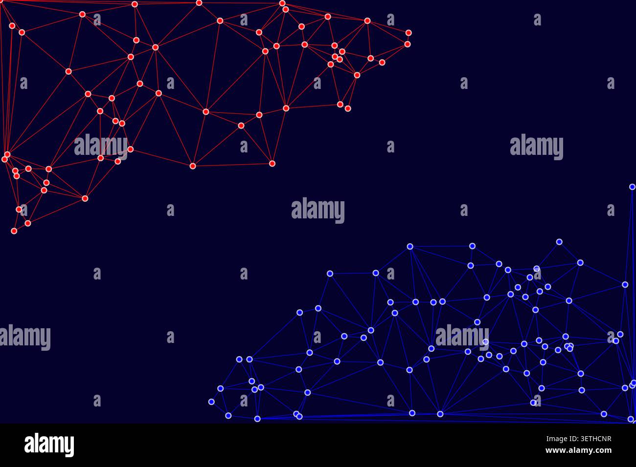 Abstract visualization featuring red and blue interconnected lines and dots on a dark background, representing digital data, network connections, and Stock Vector