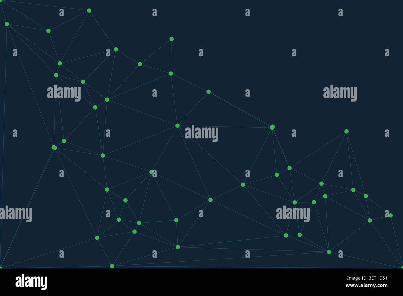 Abstract digital art with green dots forming a network structure on dark blue background. Geometric lines connect points in a dynamic, tech-inspired p Stock Vector