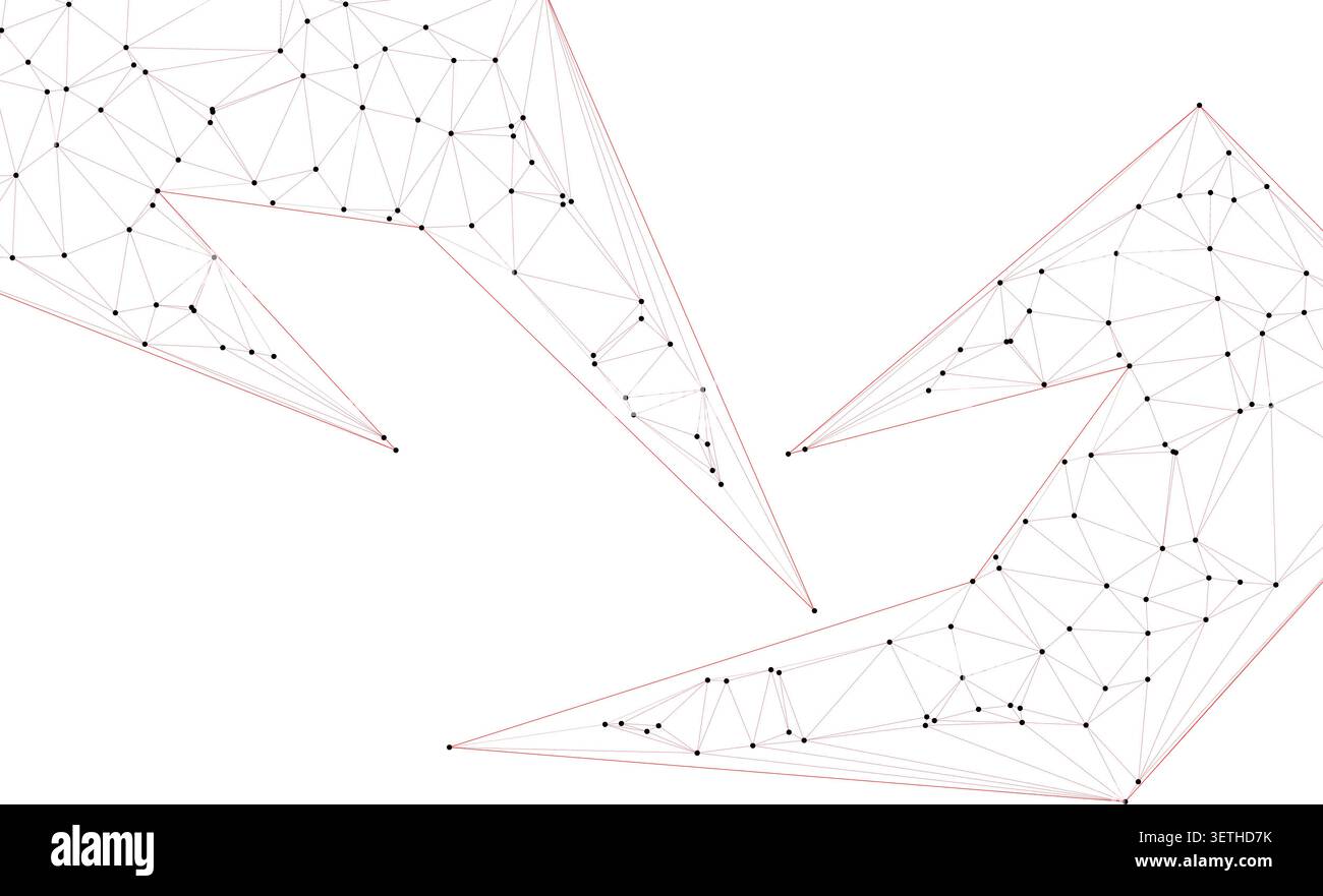 Constellation style artwork featuring fine red linear connections and black circular nodes distributed across white space forming sharp angular cluste Stock Vector