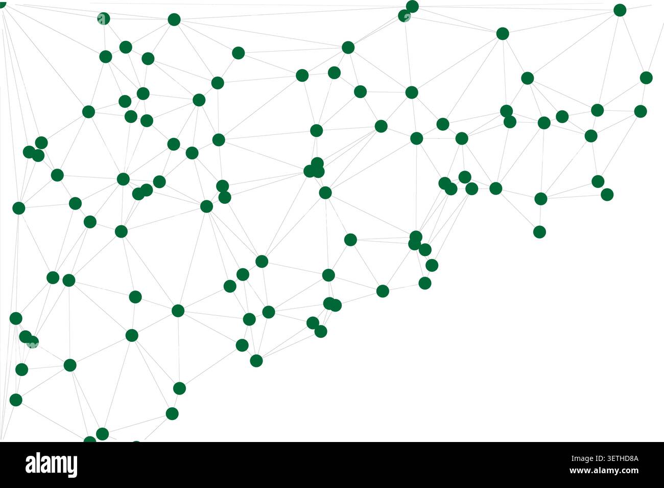 Abstract green network design. Dense interconnected nodes and lines forming a complex web. Geometric pattern suitable for technology themes. Stock Vector