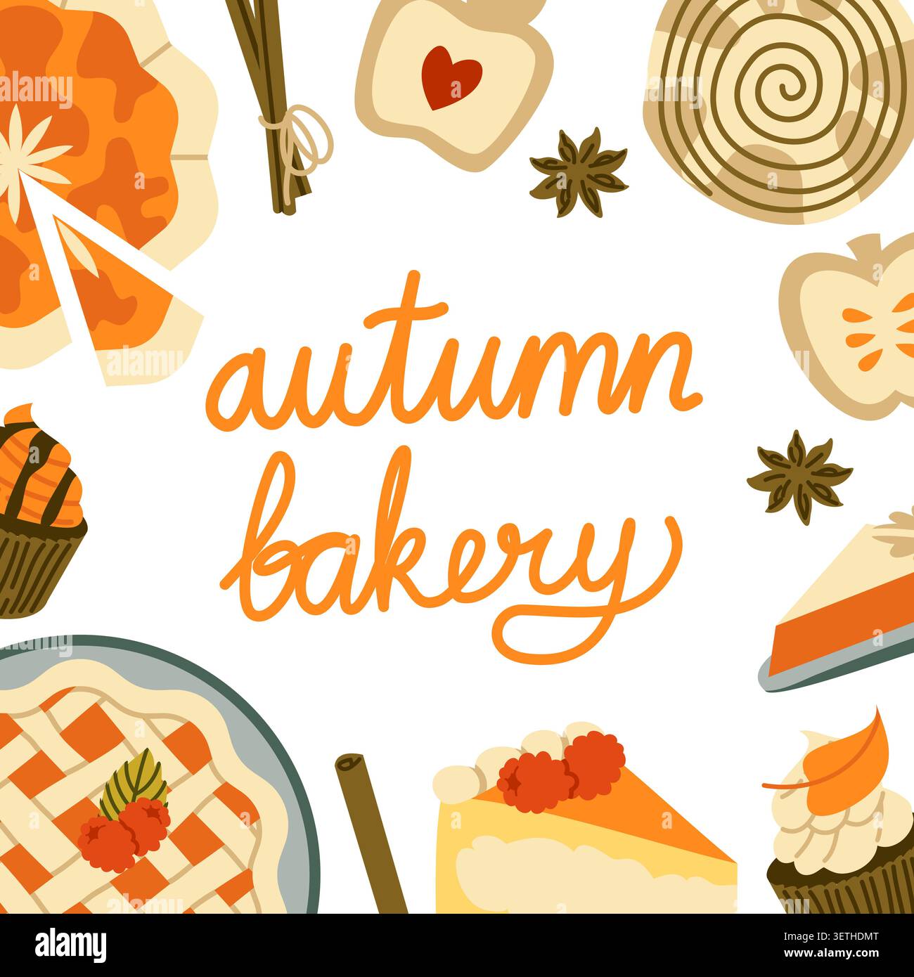 Autumn Bakery Vector Template Flat Geometric Pumpkin Pie Cake Background Stock Vector