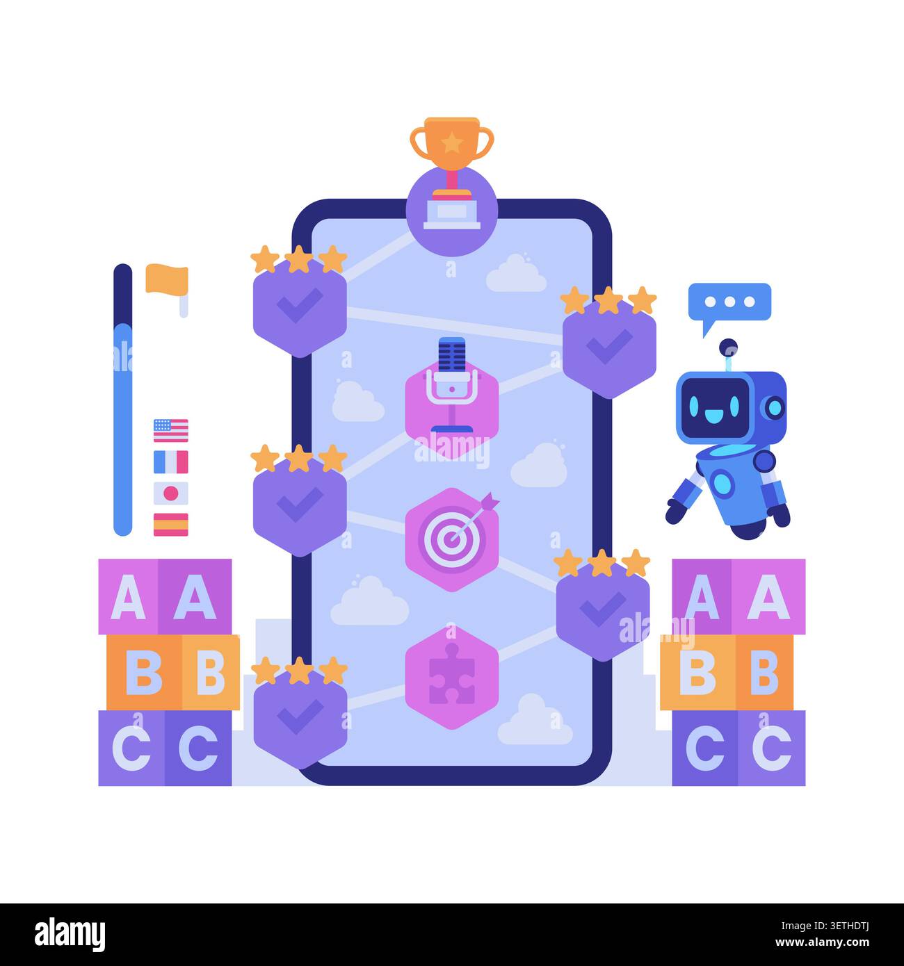 Language Learning App with AI Robot and Gamified Path. AI Language Learning App Concept Stock Vector