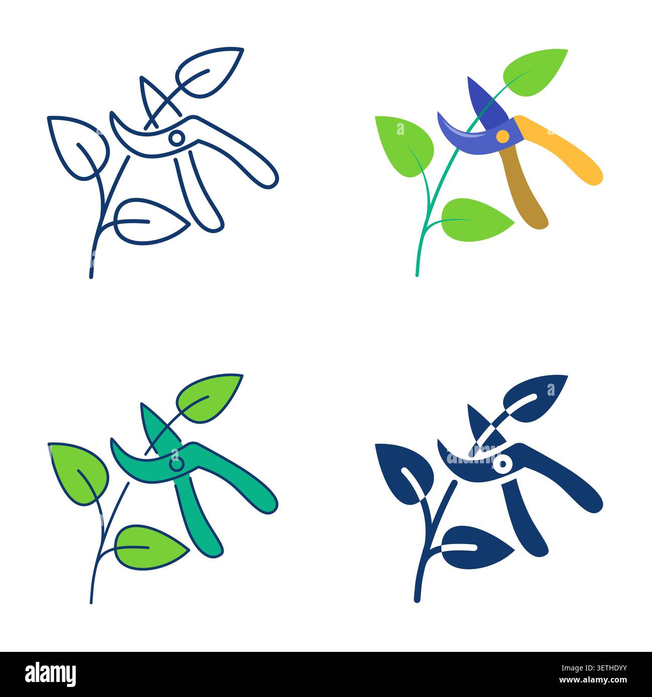 Plant pruning icon set. Branch trimming with pruning shears. Vector illustration Stock Vector